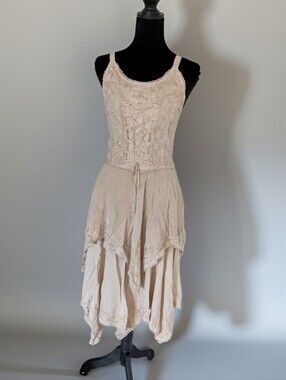 Kirat Vintage Fairycore Embroidered Lace Up Corset Handkerchief Dress Medium